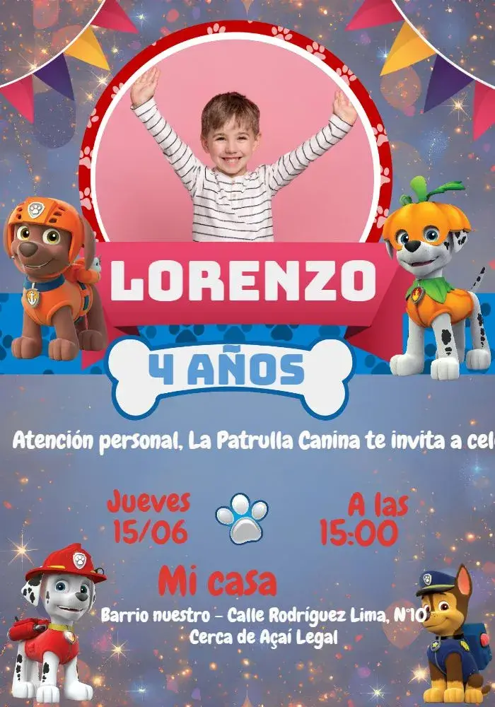 Invitación Patrulla Canina Con Foto Pata