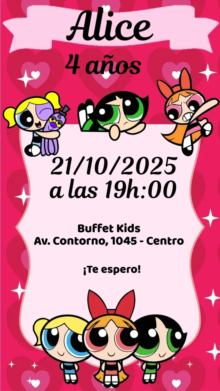 Invitación Las Chicas Superpoderosas – tema Cumpleaños Infantil colorido, divertido, superhéroes, ilustraciones animadas, infantil, brillante