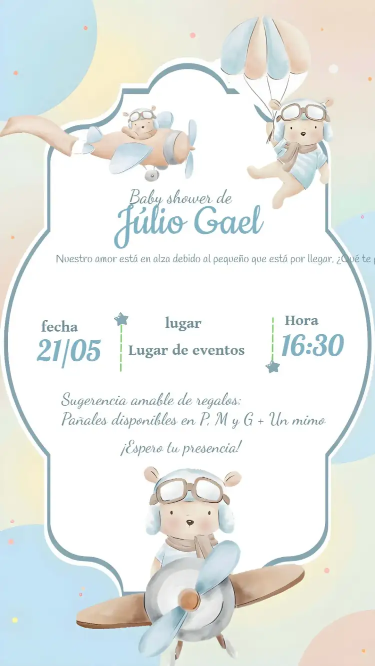 Invitación Baby Shower Aviator Teddy Bear Watercolor – tema Baby Shower acuarela, infantil, osito, aviador, suave, colorido