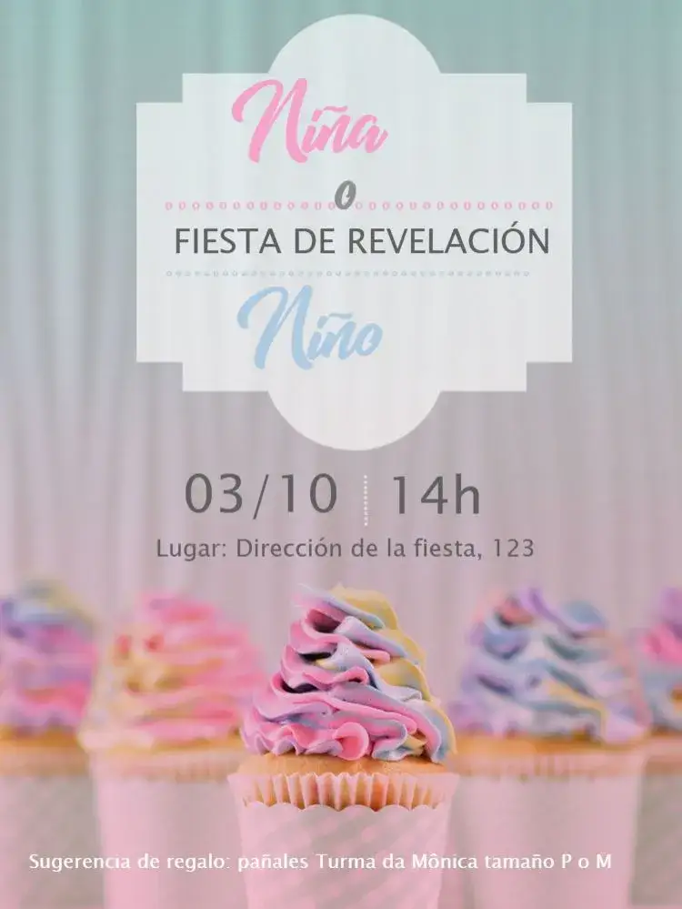 Invitación Baby Shower Revelación Whatsapp – tema Revelación Bebé azul y rosa, infantil, moderno, divertido, personalizado