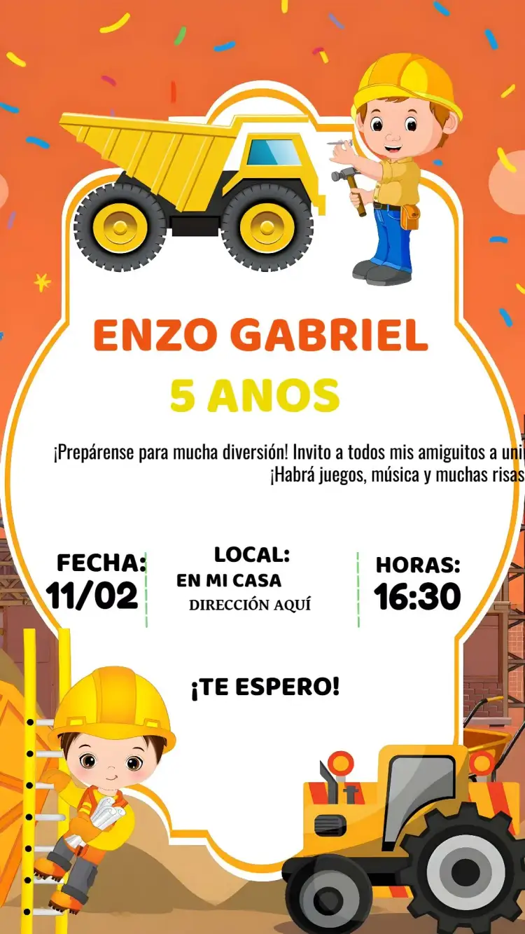 Invitación Construcción Tractor – tema Té Rifa colorido, infantil, temático, vibrante, divertido, construcción
