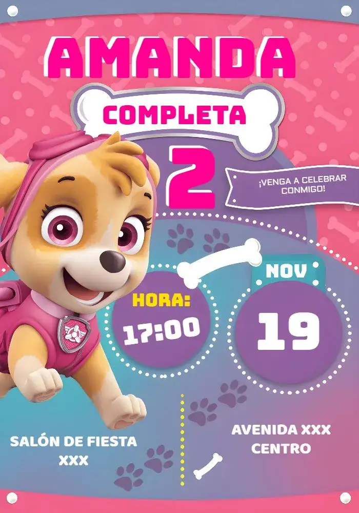 Invitación Skye Canina – tema Más buscados temática infantil, colores vibrantes, elementos gráficos de la Patrulla Canina, diseño alegre, estilo moderno