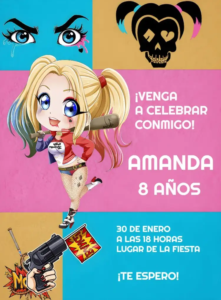 Invitación Arlequina Harley – tema Cumpleaños Infantil colorido, divertido, cómico, moderno, juvenil