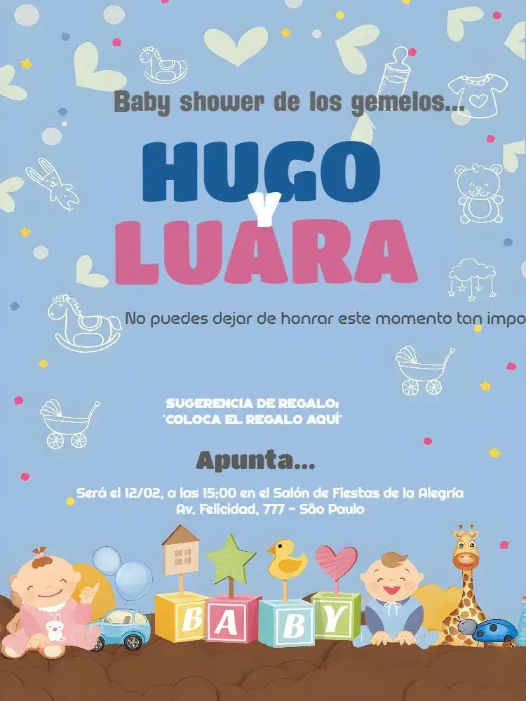 Invitación Baby Shower Gemelos Bebé – tema Baby Shower azul, lúdico, moderno, infantil, divertido