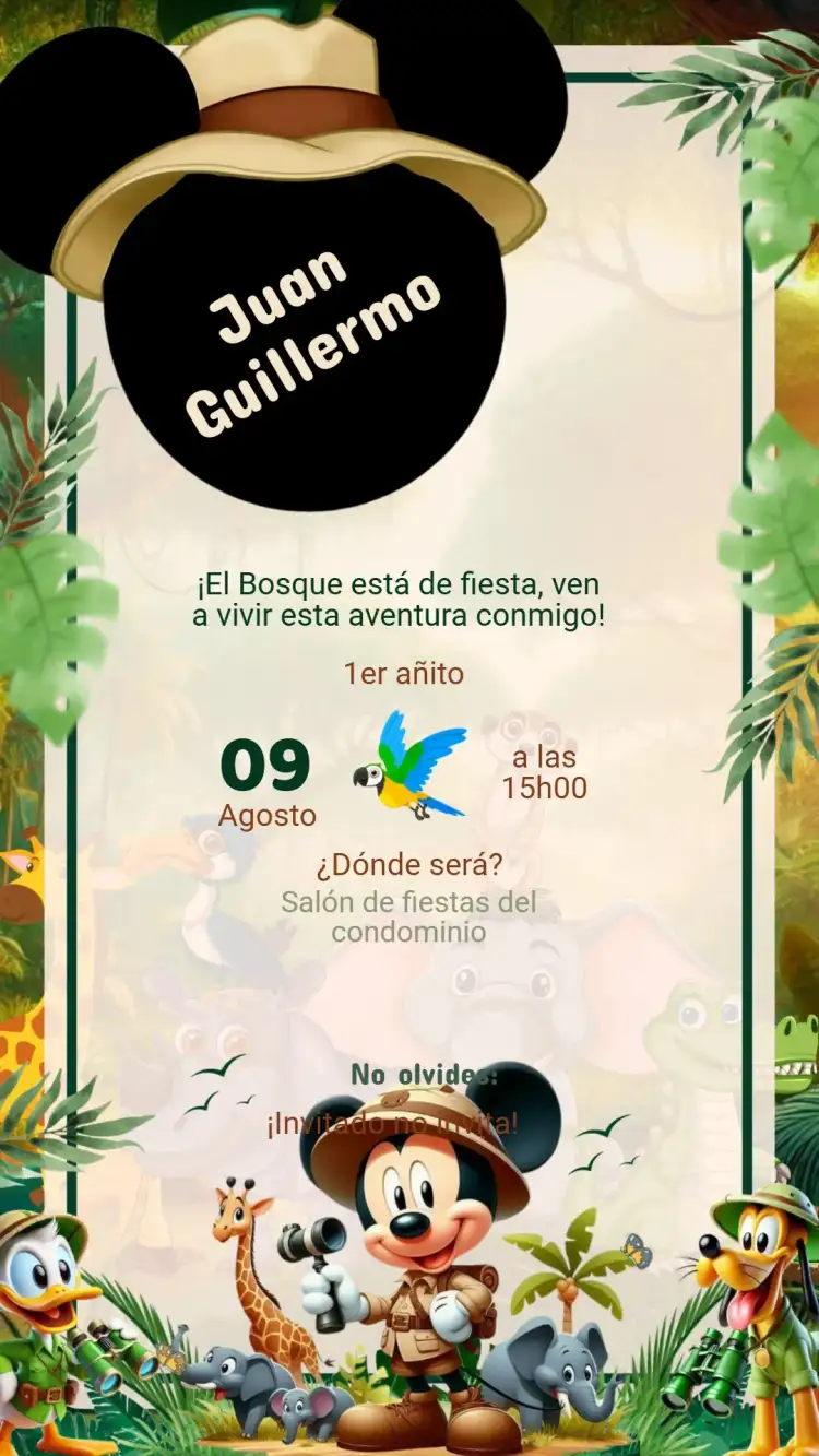 Invitación Cumpleaños MICKEY SAFARI