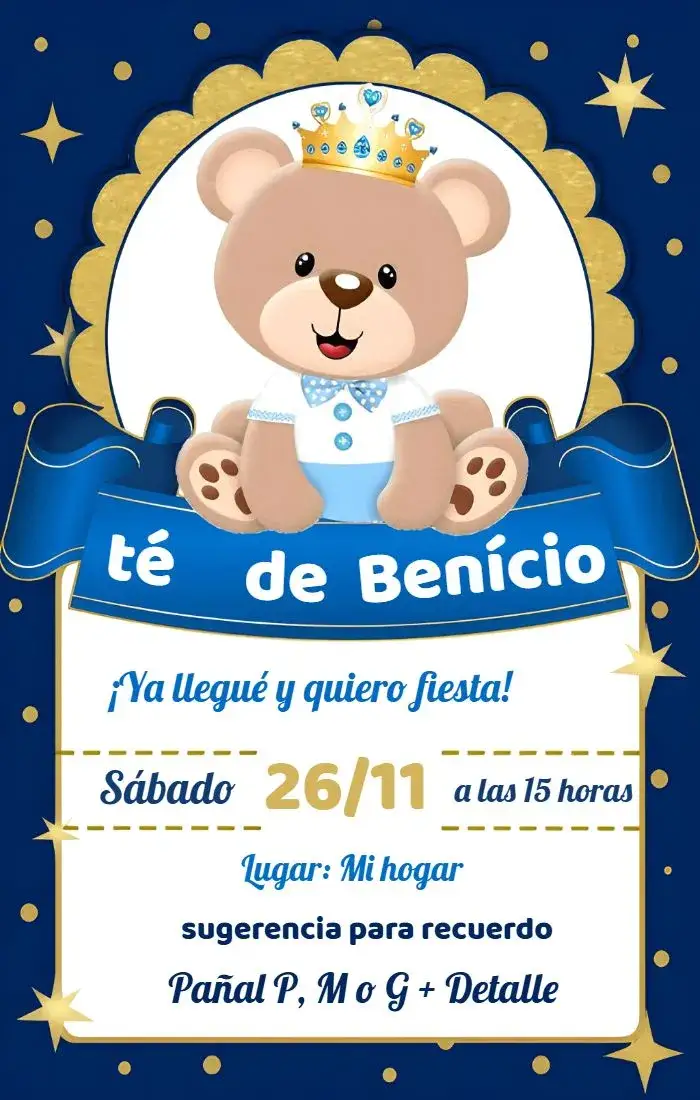 Invitación Baby Shower Príncipe Bear Favor – tema Baby Shower azul, dorado, osos de peluche, infantil, delicado, tierno