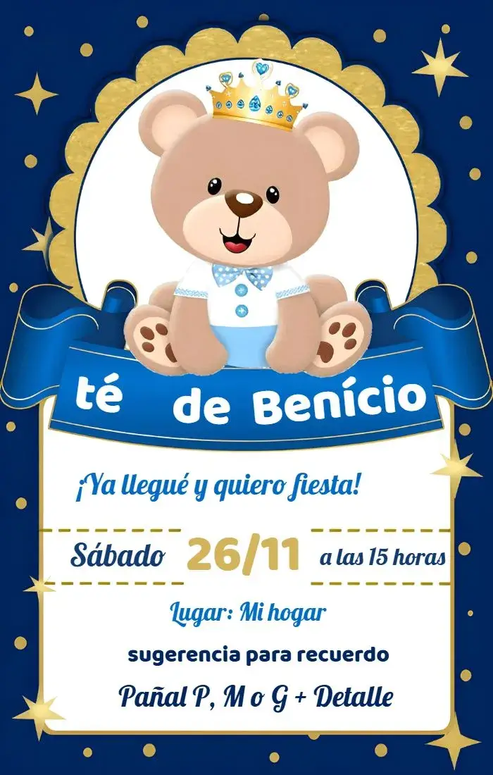 Invitación Baby Shower Príncipe Bear Favor editable y personalizable