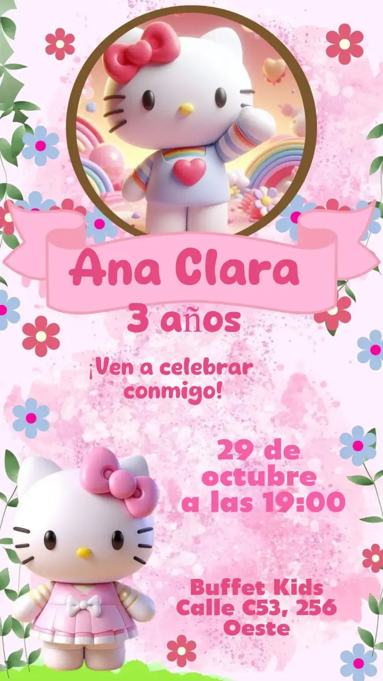 Invitación Hello Kitty – tema Cumpleaños Infantil infantil, floral, acuarela