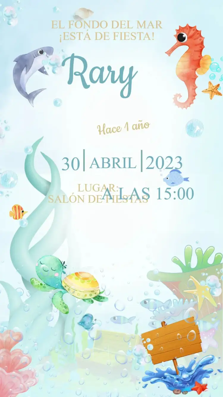 Invitación Invitación Cumpleaños Fondo del Mar – tema Cumpleaños Infantil azul marino, colorido, lúdico, tropical, animales marinos