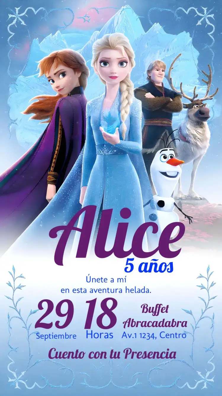 Invitación Frozen Elsa – tema Más buscados azul, púrpura, nieve, temática de Disney, disfraz