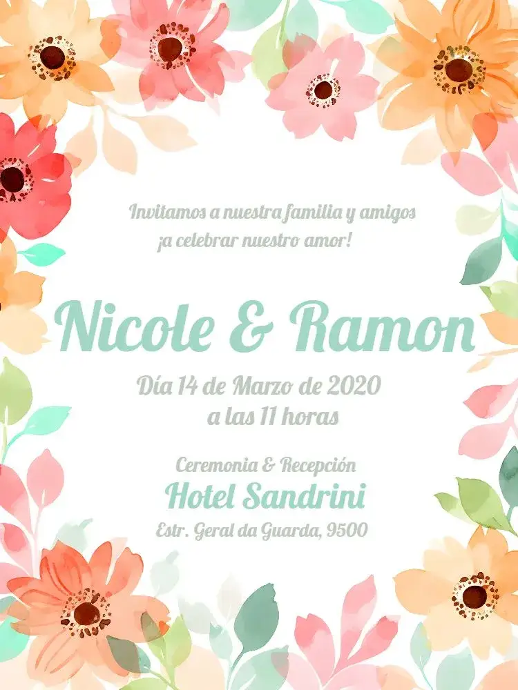 Invitación Boda Floral - Colorida – tema Boda floral, colorido, acuarela, romántico, moderno, naturaleza