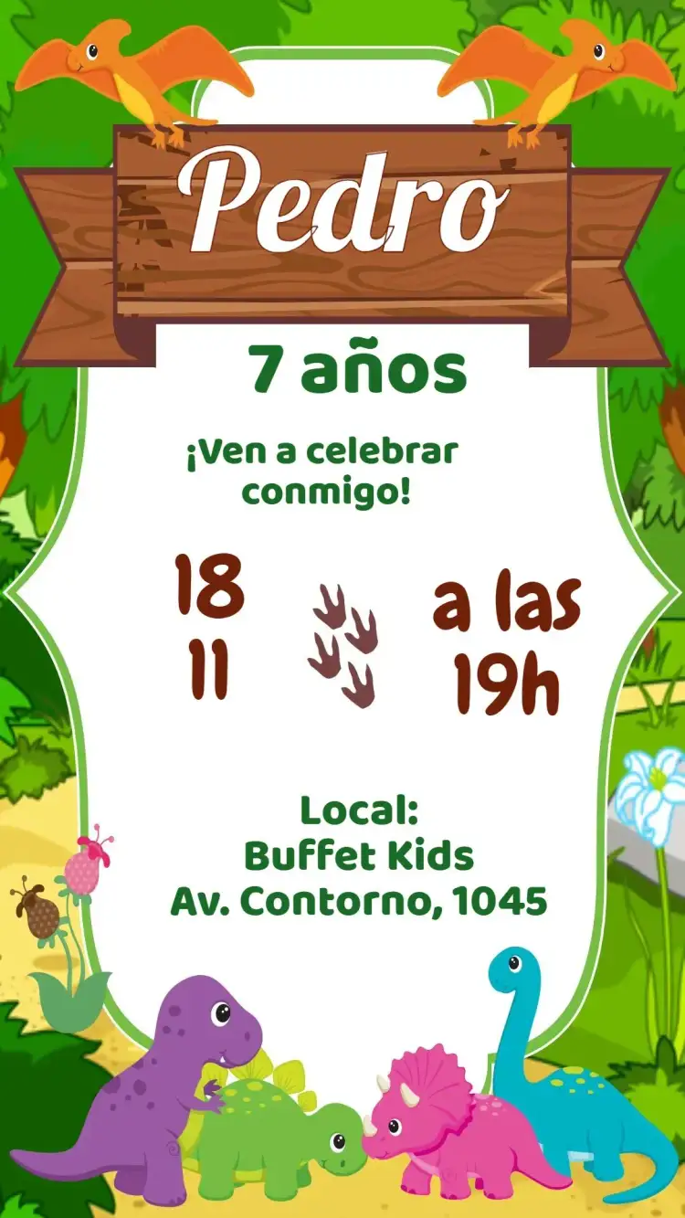 Invitación Dinosaurio – tema Cumpleaños Infantil vibrante, colorido, divertido, prehistórico, animales, aventura