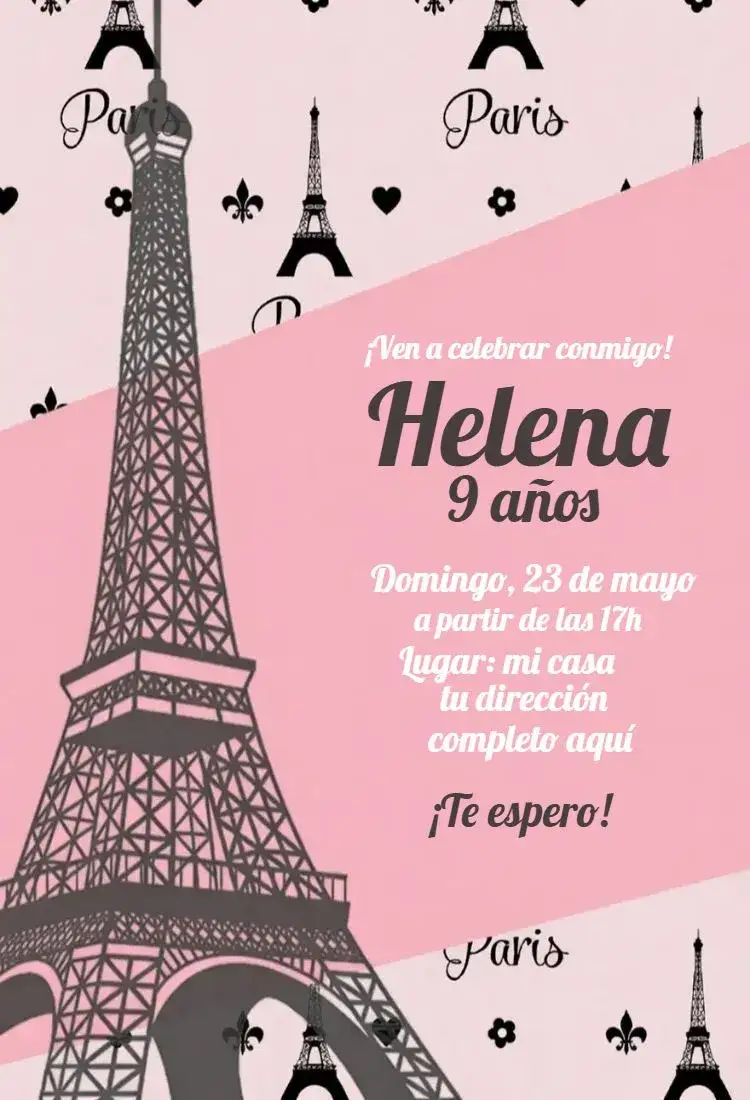 Invitación París 1 – tema Cumpleaños romántico, elegante, vintage, minimalista, moderno