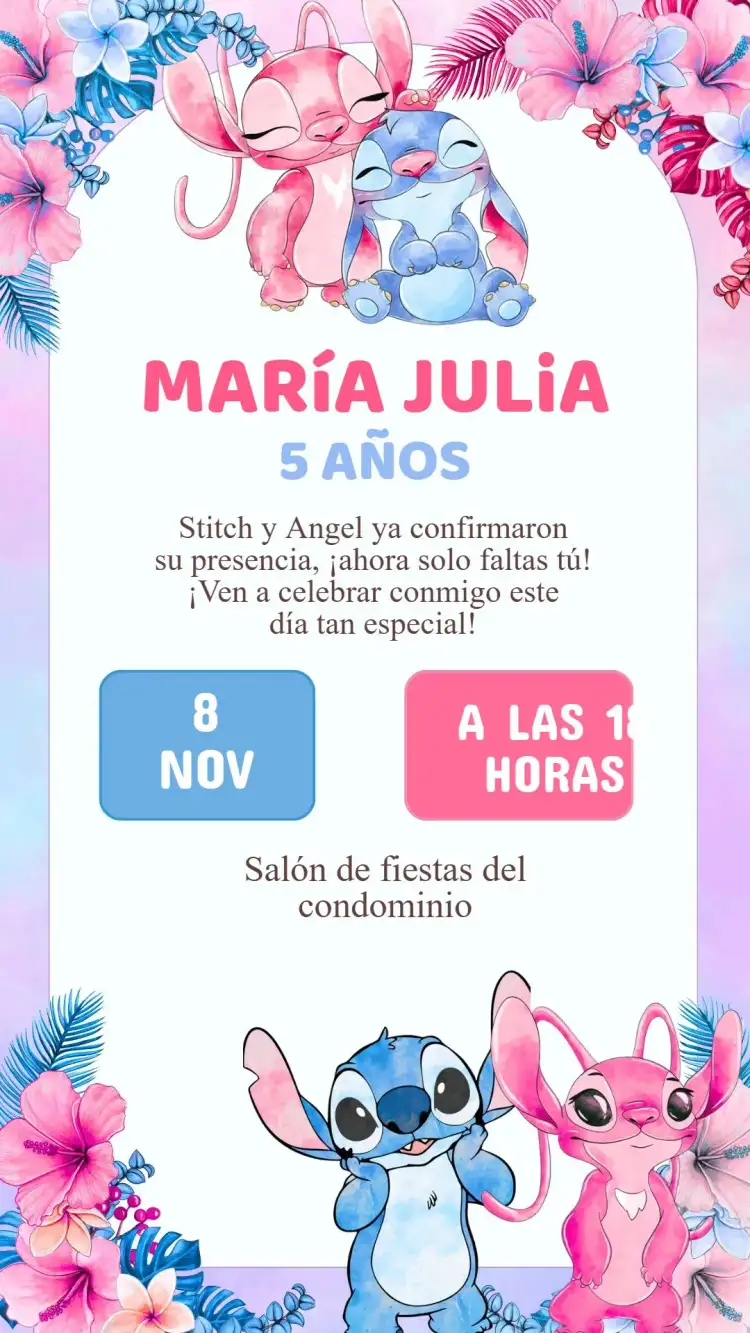 Invitación Cumpleaños Stitch y Angel