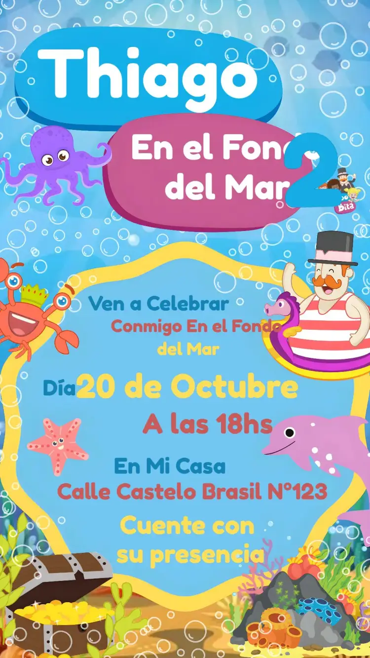 Invitación El Mundo Bita Fondo Del Mar Peces – tema Cumpleaños Infantil fondo marino, colorido, divertido, infantil, acuático, vibrante