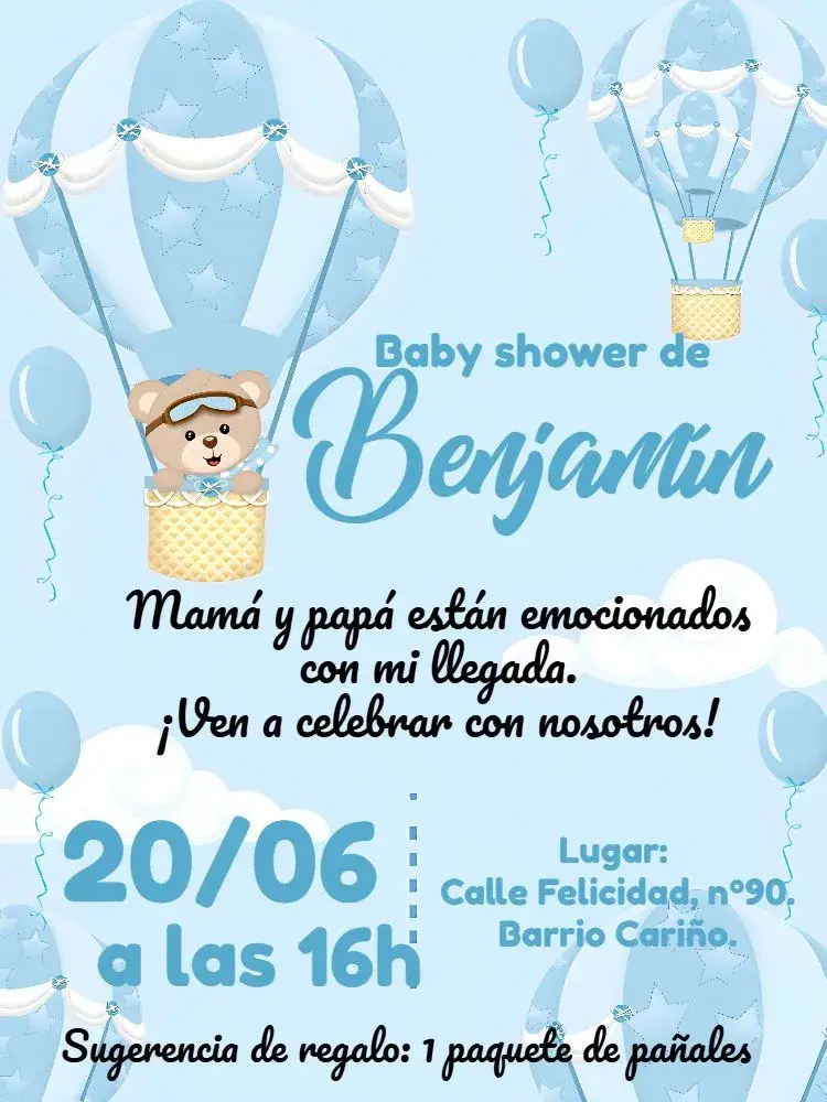 Invitación Baby Shower Teddy Bear Balloon Boy