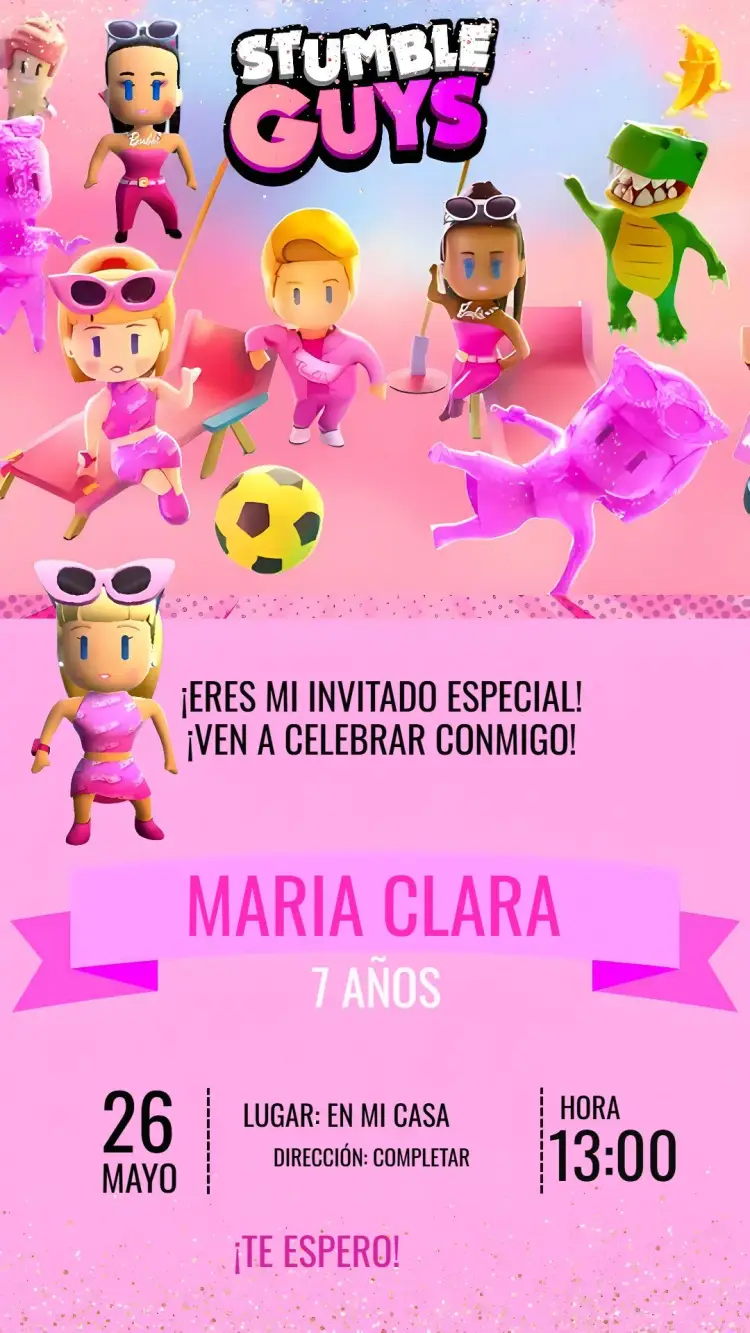 Invitación Stumble Guys Rosa Juego editable y personalizable
