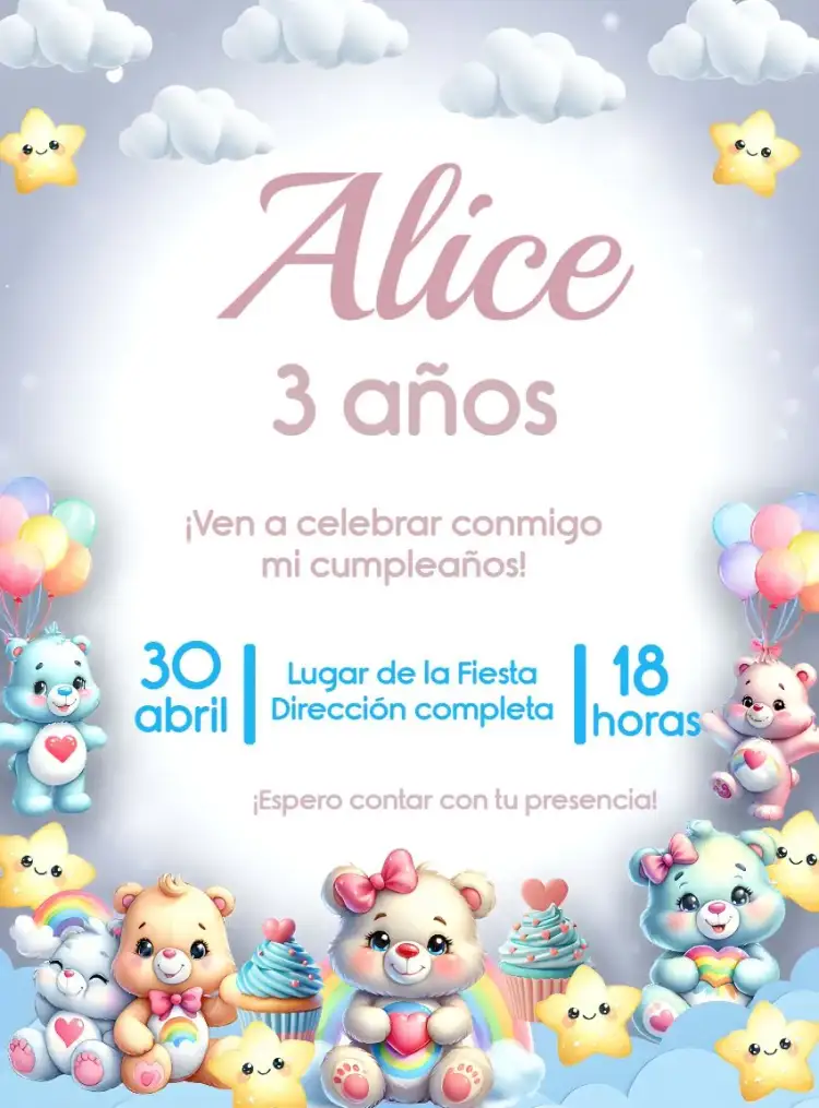 Invitación Ursinhos Carinhosos Cupcakes – tema Más buscados colorido, tierno, infantil, divertido, jocoso