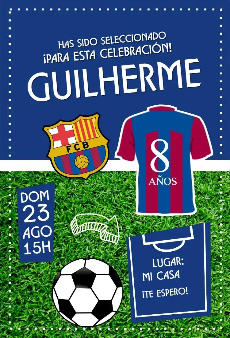 Invitación Camiseta Barcelona – tema 15 años fútbol, moderno, vibrante, temático, deportivo, colorido