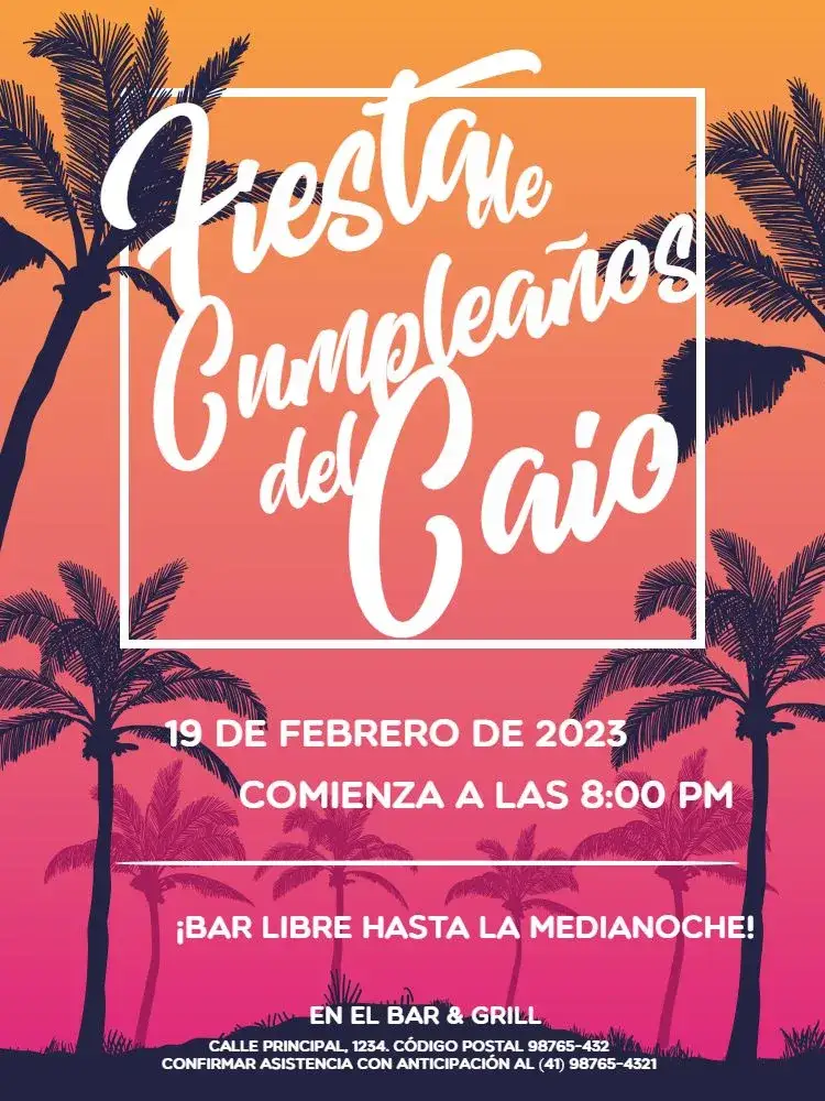Invitación Tropical Masculino Rosa – tema Cumpleaños Infantil tropical, moderno, vibrante, colorido, descontraído