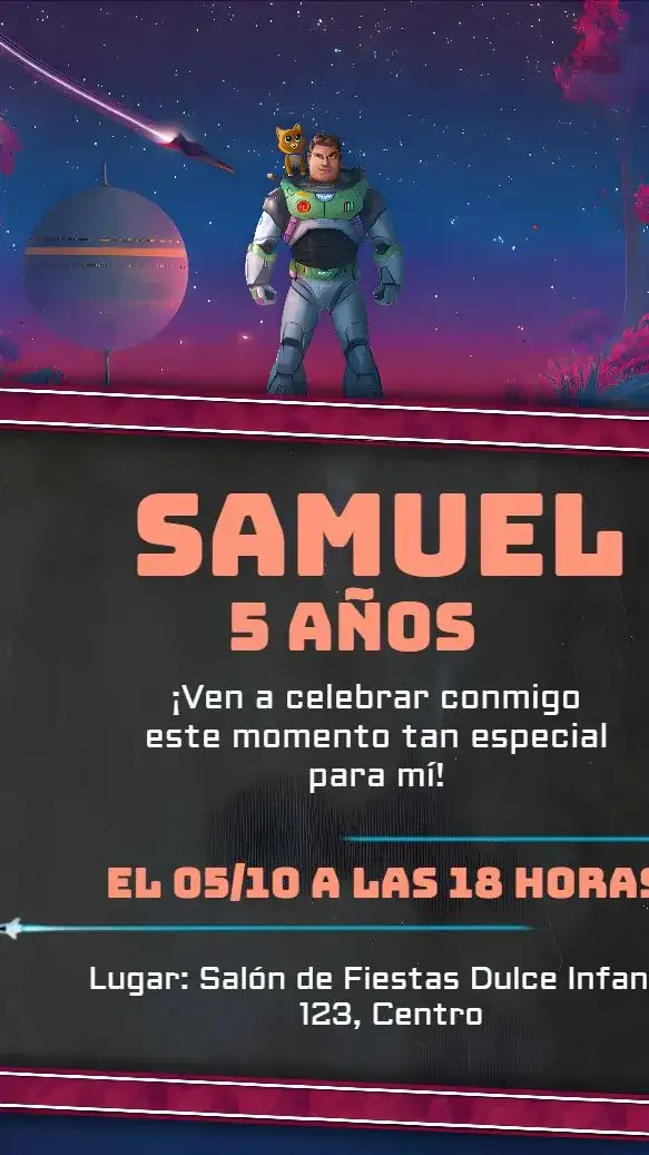 Invitación Buzz Lightyear – tema Cumpleaños Infantil temática espacial, colores vibrantes, estilo divertido, elementos de aventura, gráficos de Buzz Lightyear
