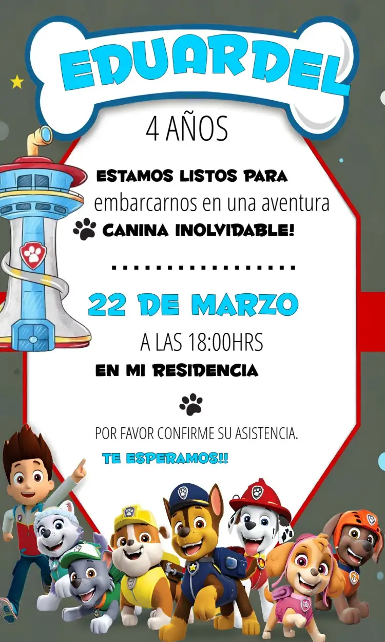 Invitación Patrulla Canina Infantil – tema Cumpleaños Infantil colores vibrantes, estilo divertido, elementos gráficos infantiles, temática de aventura, ilustraciones de personajes, diseño colorido