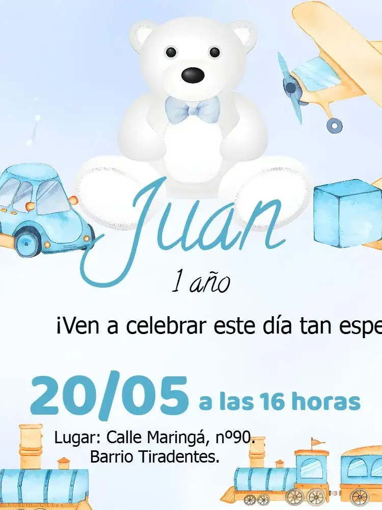 Invitación Osito Niño Carrito – tema Más buscados infantil, juguetes, colorido, lúdico, tierno, divertido