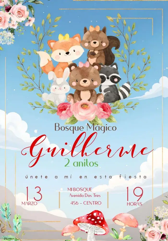 Invitación Bosque Encantado Infantil – tema Más buscados acuarela, lúdico, fantasía, colores suaves, elementos naturales, setas