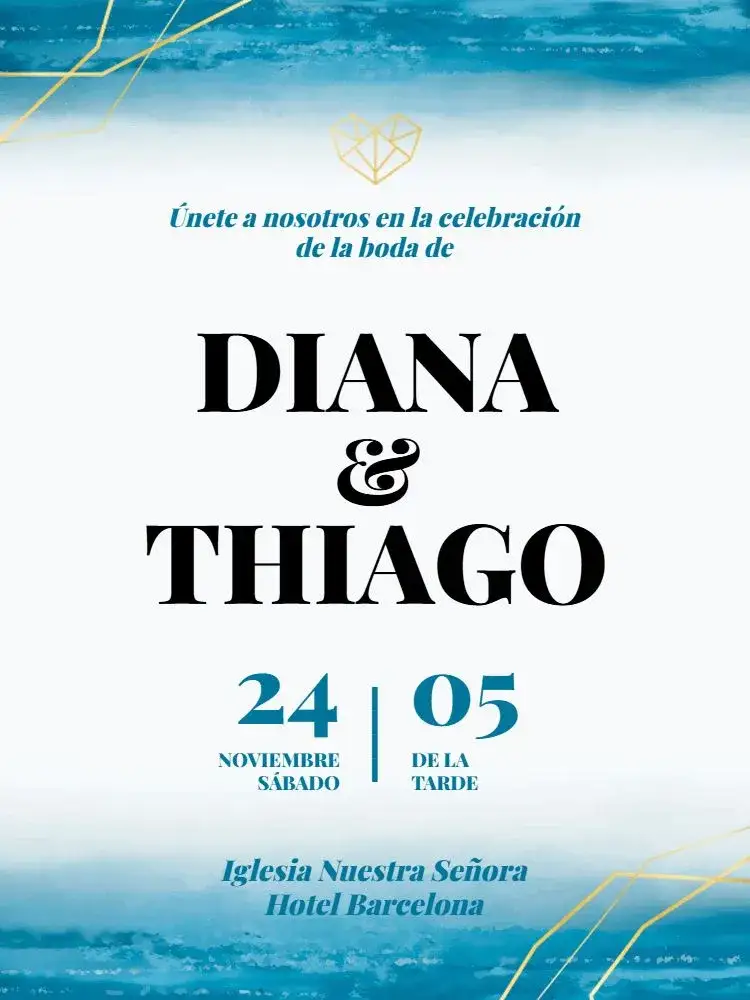 Invitación Boda Playera Azul Elegante – tema Boda azul claro, dorado, playero, elegante, romántico, minimalista
