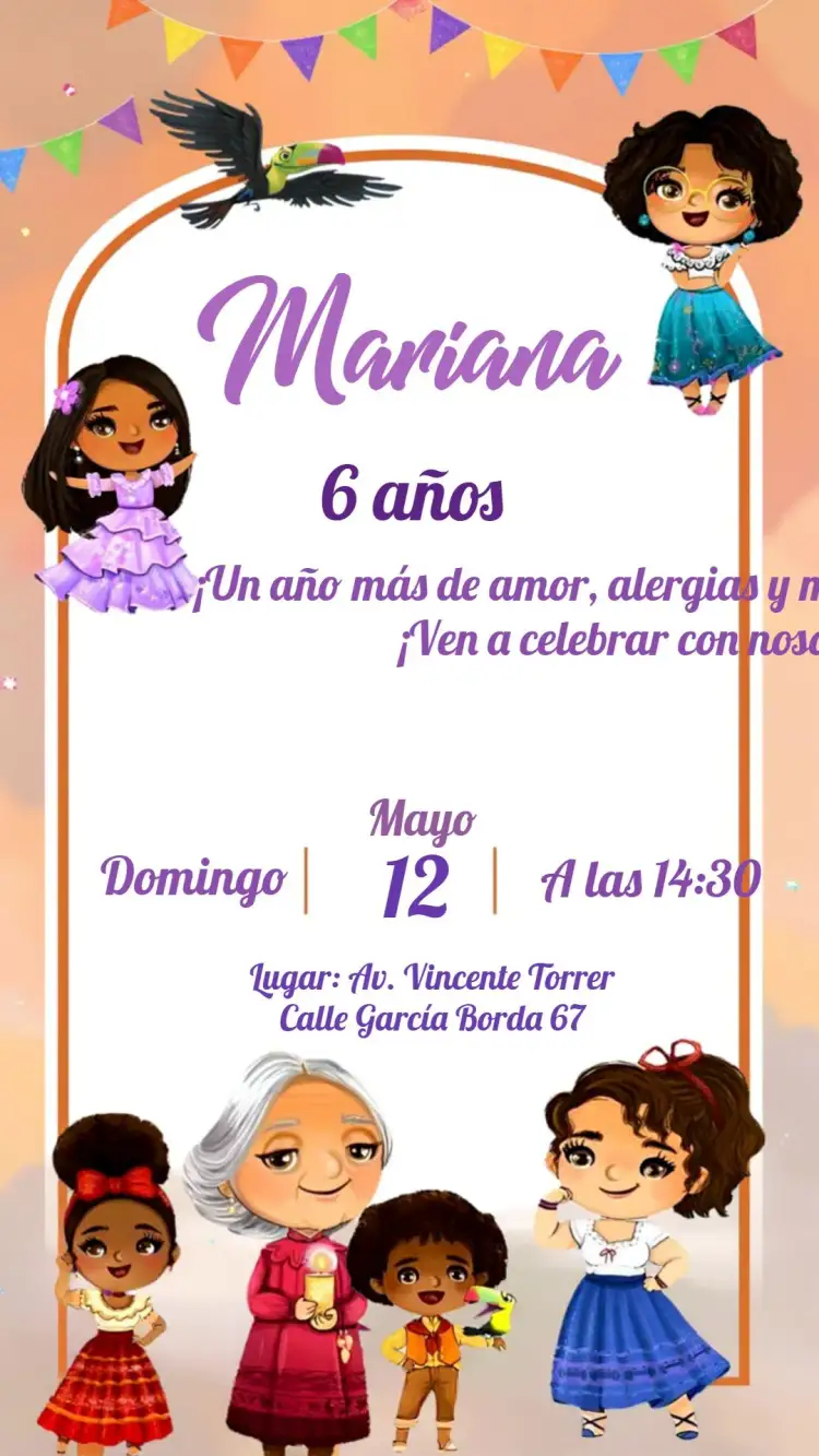 Invitación Aniversario Encanto Fiesta – tema Cumpleaños Infantil colores vibrantes, elementos gráficos de Encanto, estilo lúdico, tema familiar, diseño alegre, motivos florales