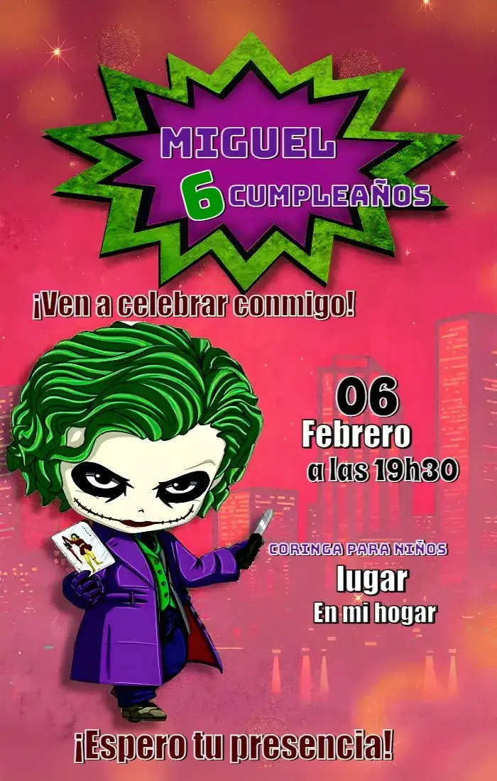 Invitación Joker Infantil – tema Cumpleaños Infantil vibrante, temático, divertido, moderno, colorido