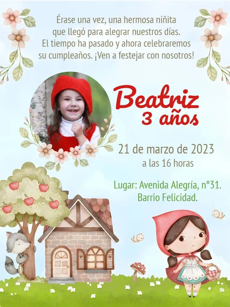 Invitación Caperucita Roja Con Foto Acuarela