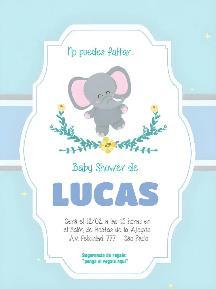 Invitación Baby Shower Elefante Azul Bebé