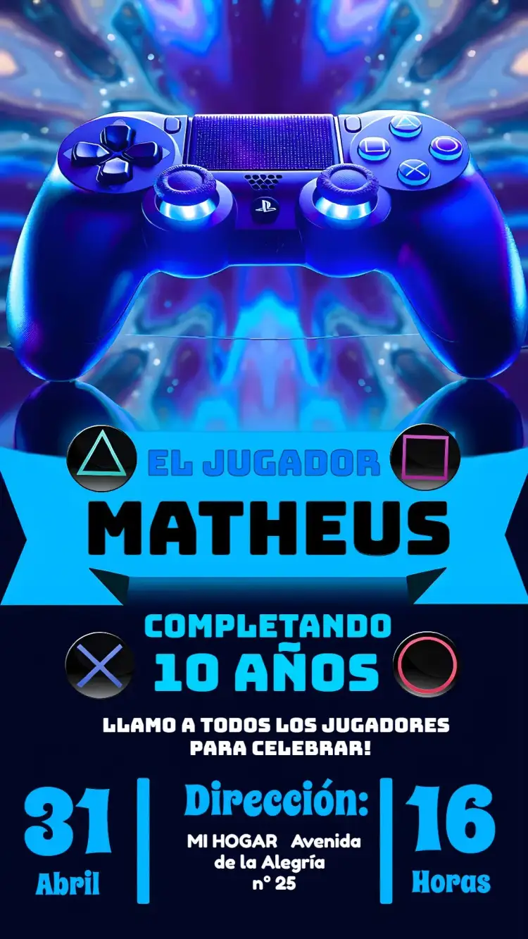Invitación Playstation Niño – tema Más buscados jugador, moderno, divertido, azul, colorido
