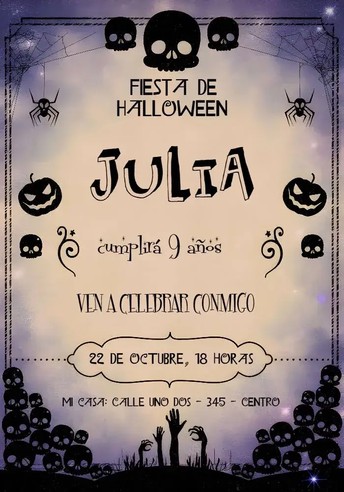 Invitación Halloween Travesuras – tema Fechas Conmemorativas colores oscuros, ilustraciones de Halloween, elementos gráficos divertidos, estilo festivo, diseño moderno, tipografía divertida