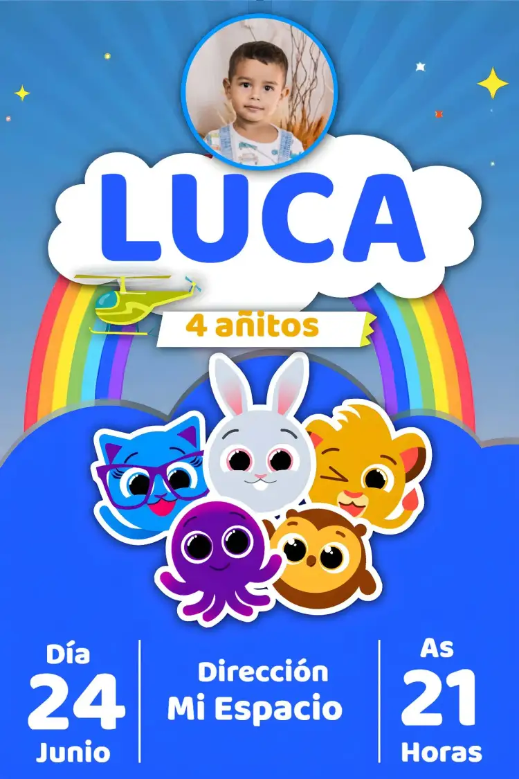 Invitación Bolofofos Niño – tema Más buscados azul, divertido, lúdico, infantil, colorido, moderno