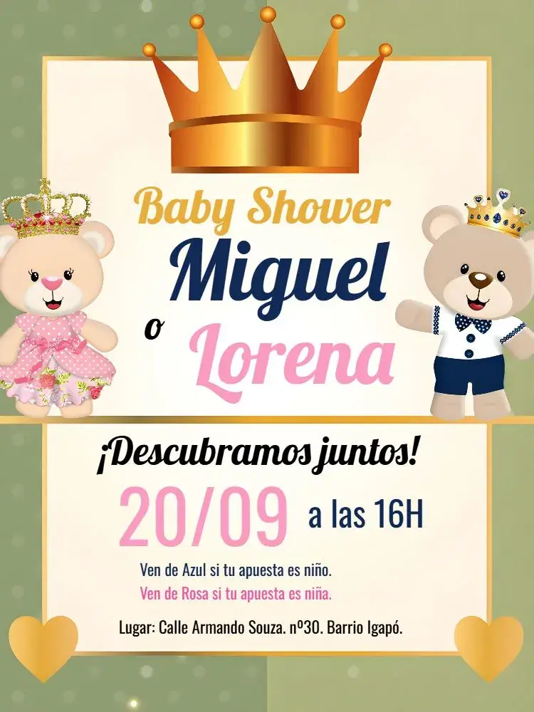 Invitación Baby Shower Príncipe Oso y Princesa Osita Azul editable y personalizable