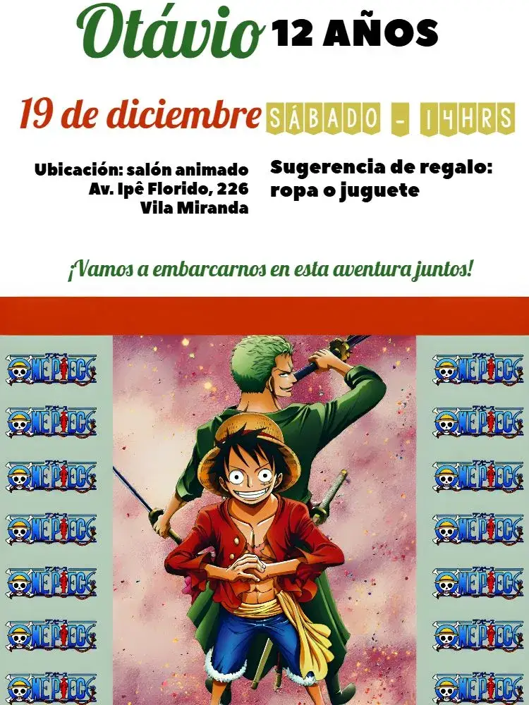 Invitación Una Pieza Usopp – tema Cumpleaños Infantil colorido, pirata, anime, aventurero, infantil