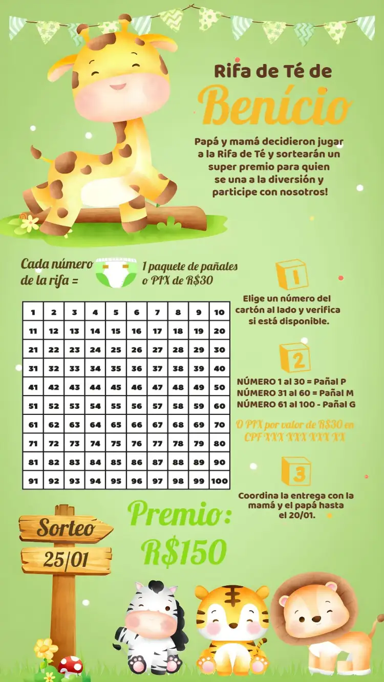 Invitación Té Rifa Safari Verde – tema Té Rifa safari, animales, floral, colorido, infantil, natural