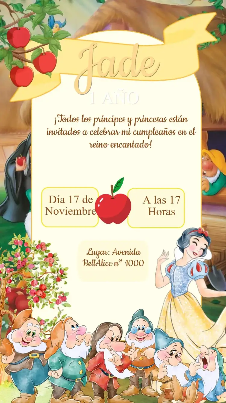 Invitación Invitación Cumpleaños Blancanieves – tema Cumpleaños Infantil colores vibrantes, mágico, bosque encantado, elementos gráficos de cuentos de hadas, estilo Disney, princesas