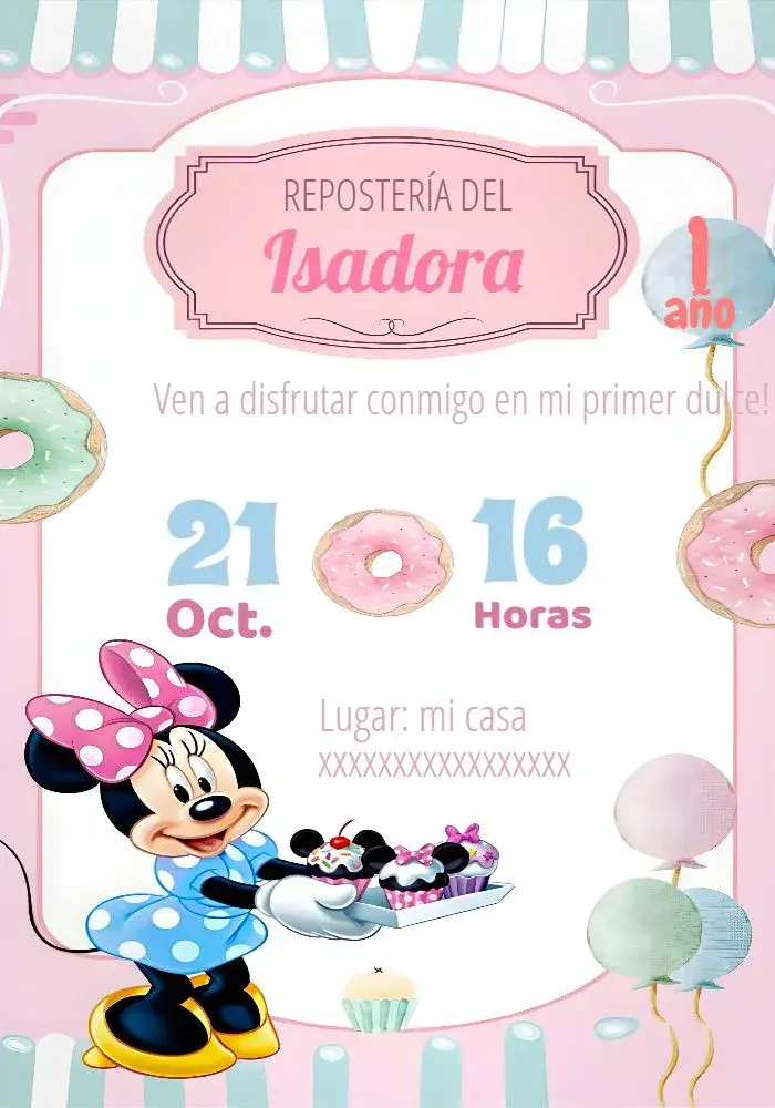 Invitación Pastelería de Minnie Mouse Acuarela