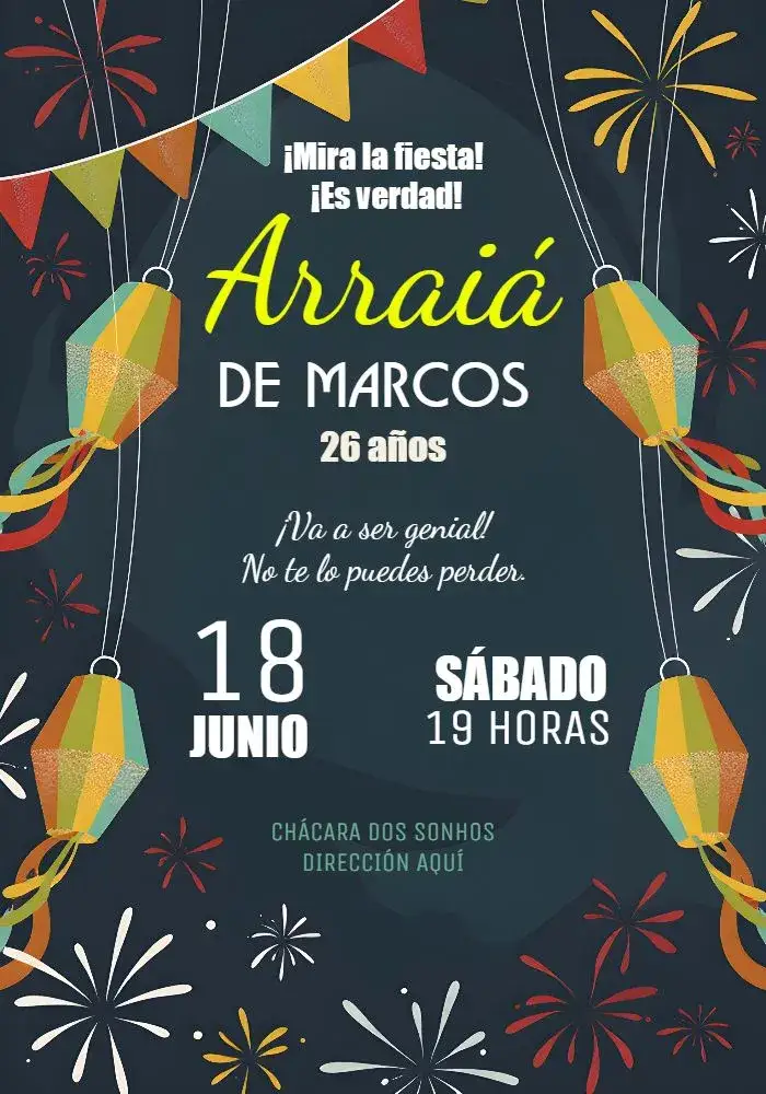 Invitación Arraiá Azul – tema Cumpleaños colorido, caipira, junino, vibrante, festivo, alegre