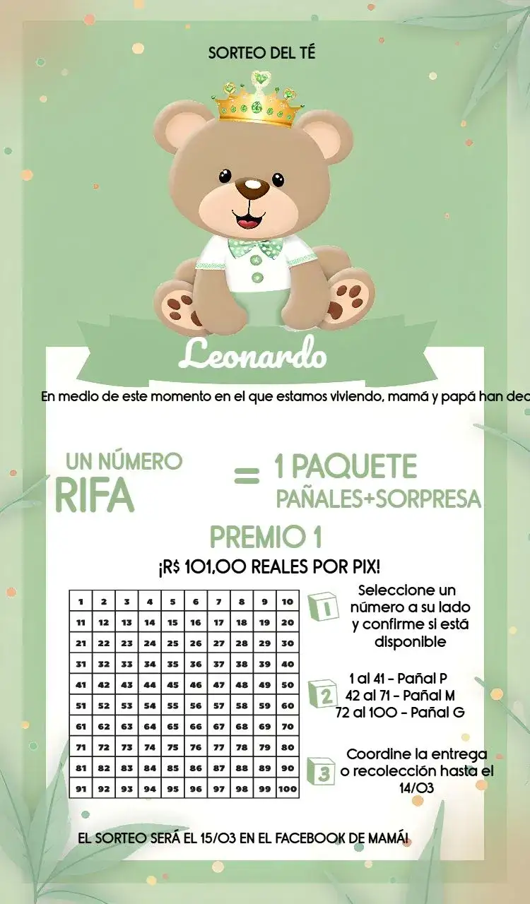 Invitación Chá Rifa Osito Príncipe Charifa – tema Té Rifa verde, blanco, marrón, amarillo, moderno, lúdico