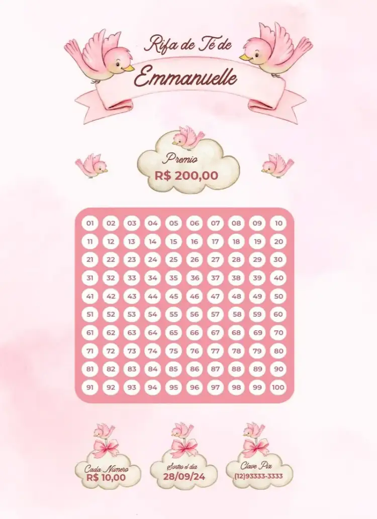 Invitación Pájaros rosa – tema Té Rifa delicado, femenino, floral, moderno, colorido