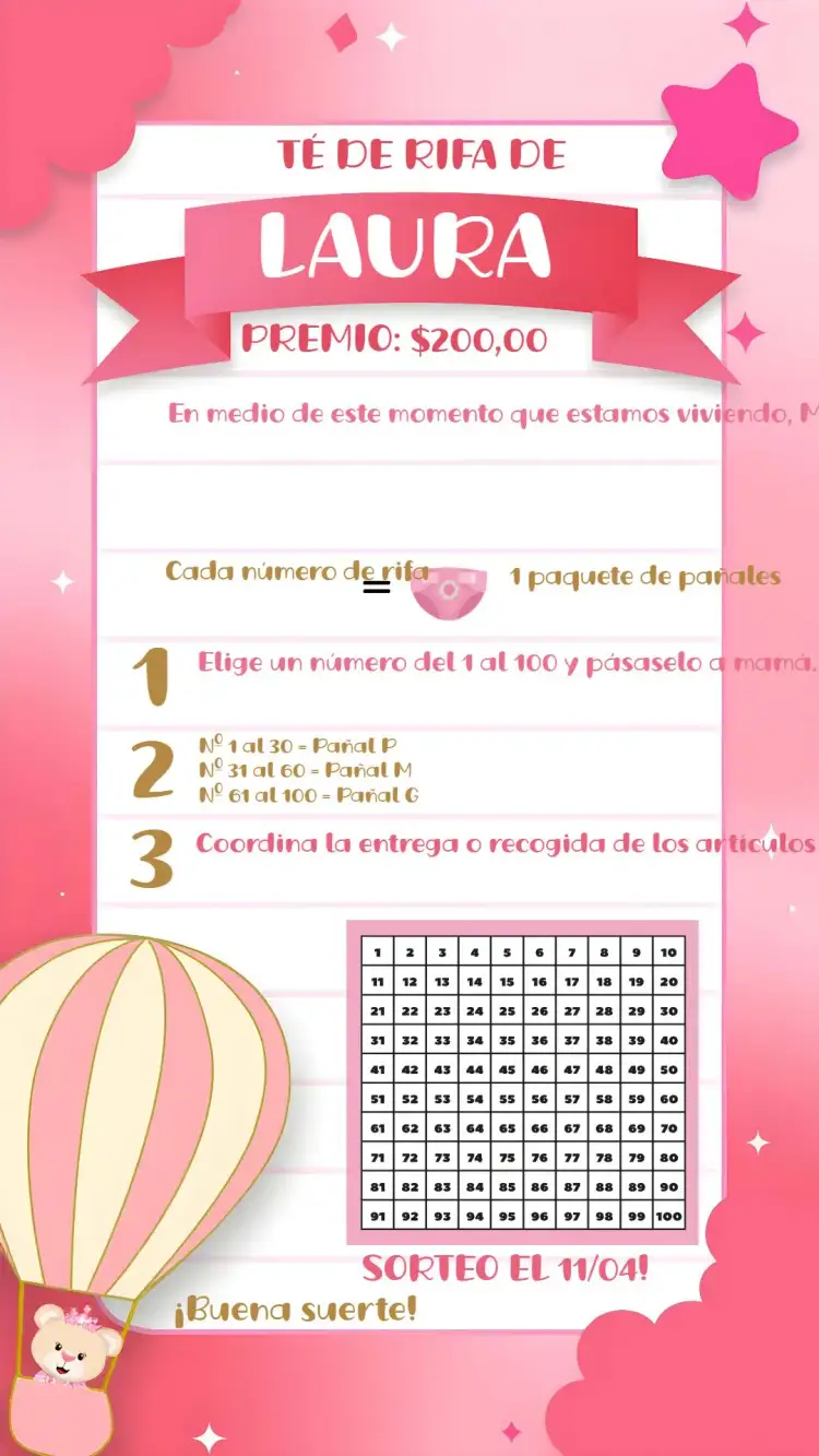 Invitación Té Rifa Osita Globos Bebé – tema Té Rifa rosa, dorado, blanco, lúdico, infantil, moderno