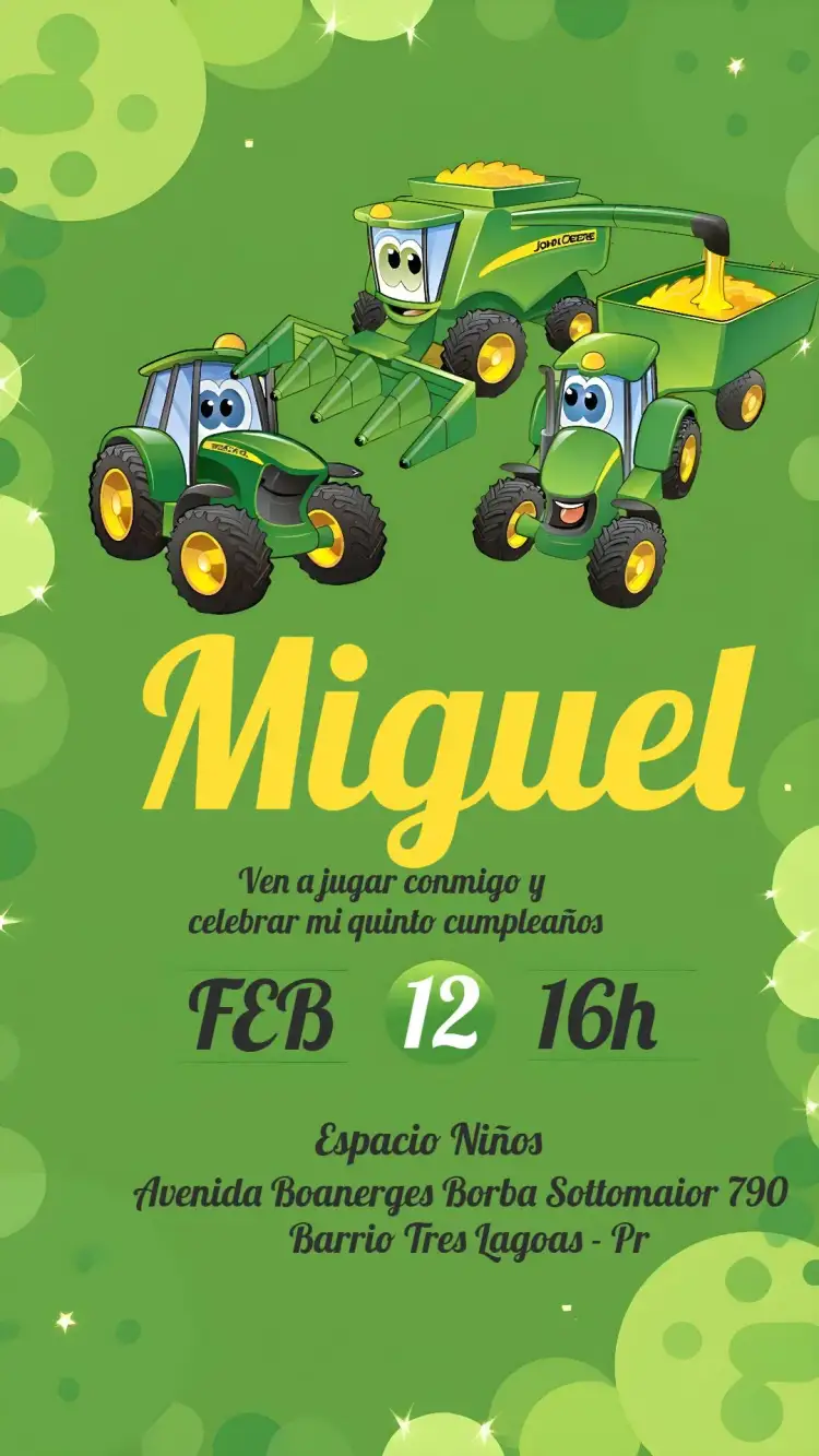 Invitación Tractor Jhon Deere Marrón – tema Más buscados rural, infantil, colorido, temático, divertido, moderno