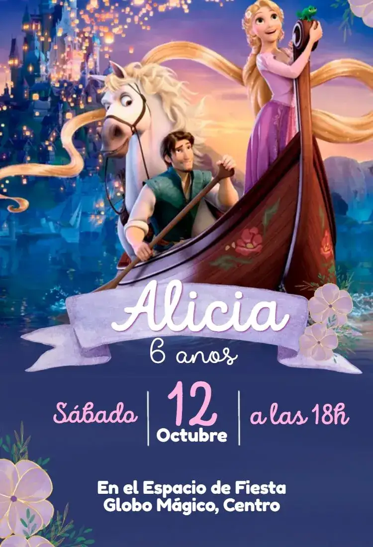 Invitación Enrolados Rapunzel – tema Cumpleaños Infantil lila, princesas, faroles, mágico, colorido, infantil
