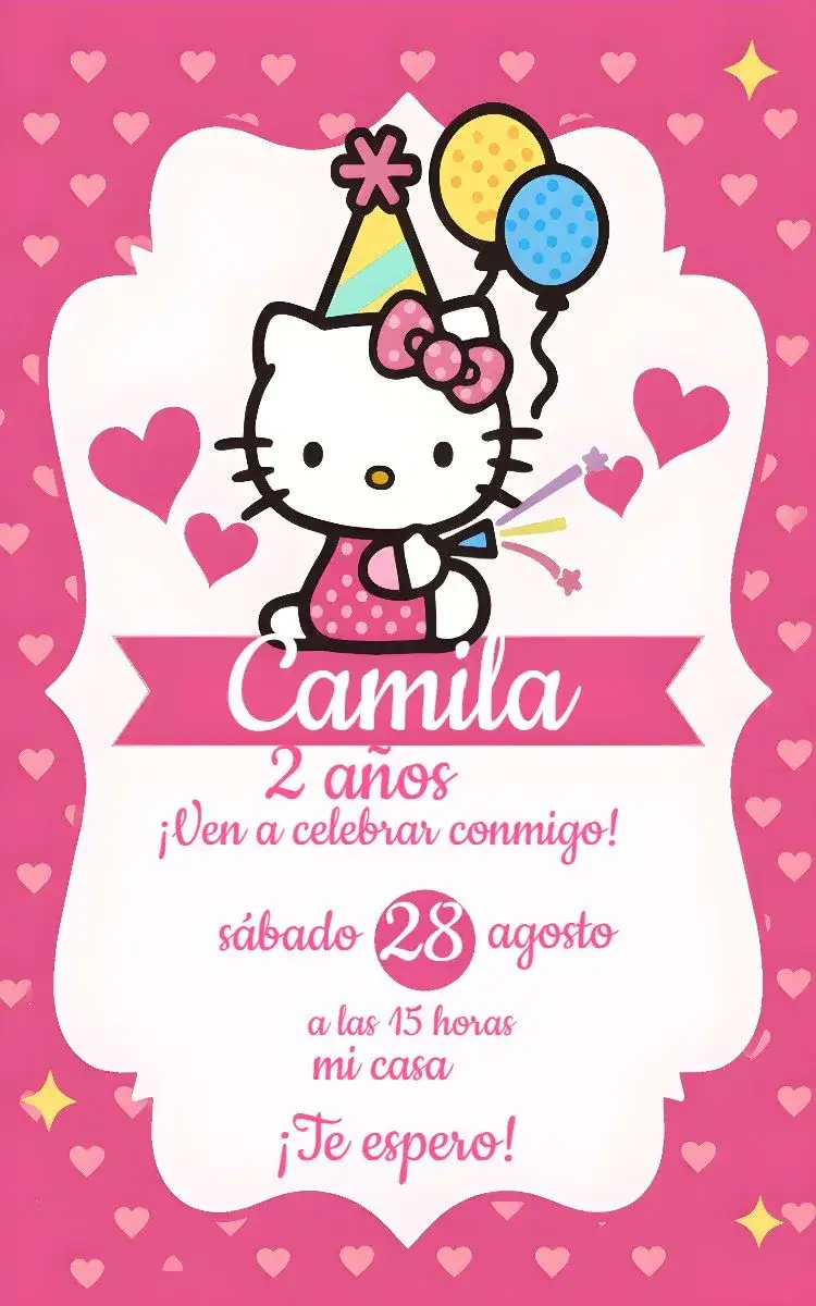 Invitación Hello Kitty Rosa – tema Más buscados rosa, tierno, infantil, divertido, colorido