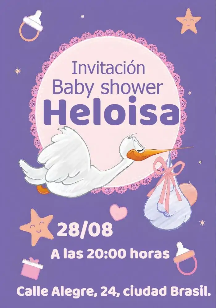 Invitación Baby Shower Stork Seagull – tema Revelación Bebé púrpura, blanco, lúdico, infantil, moderno