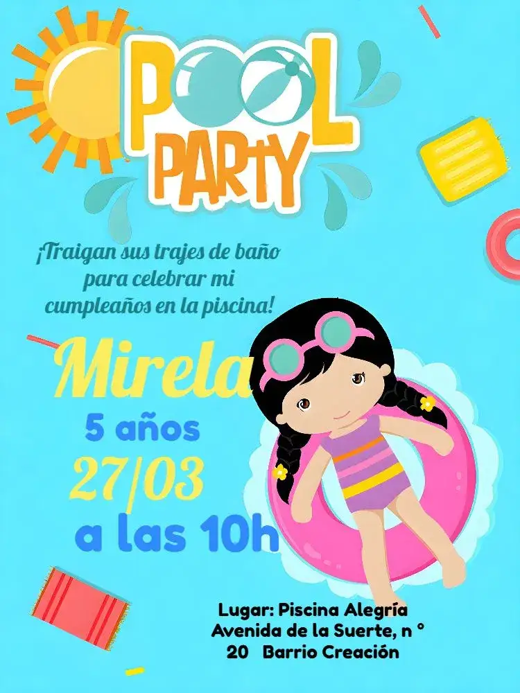 Invitación Pool Party Lazer – tema Más buscados moderno, colorido, tropical, divertido, femenino, playero